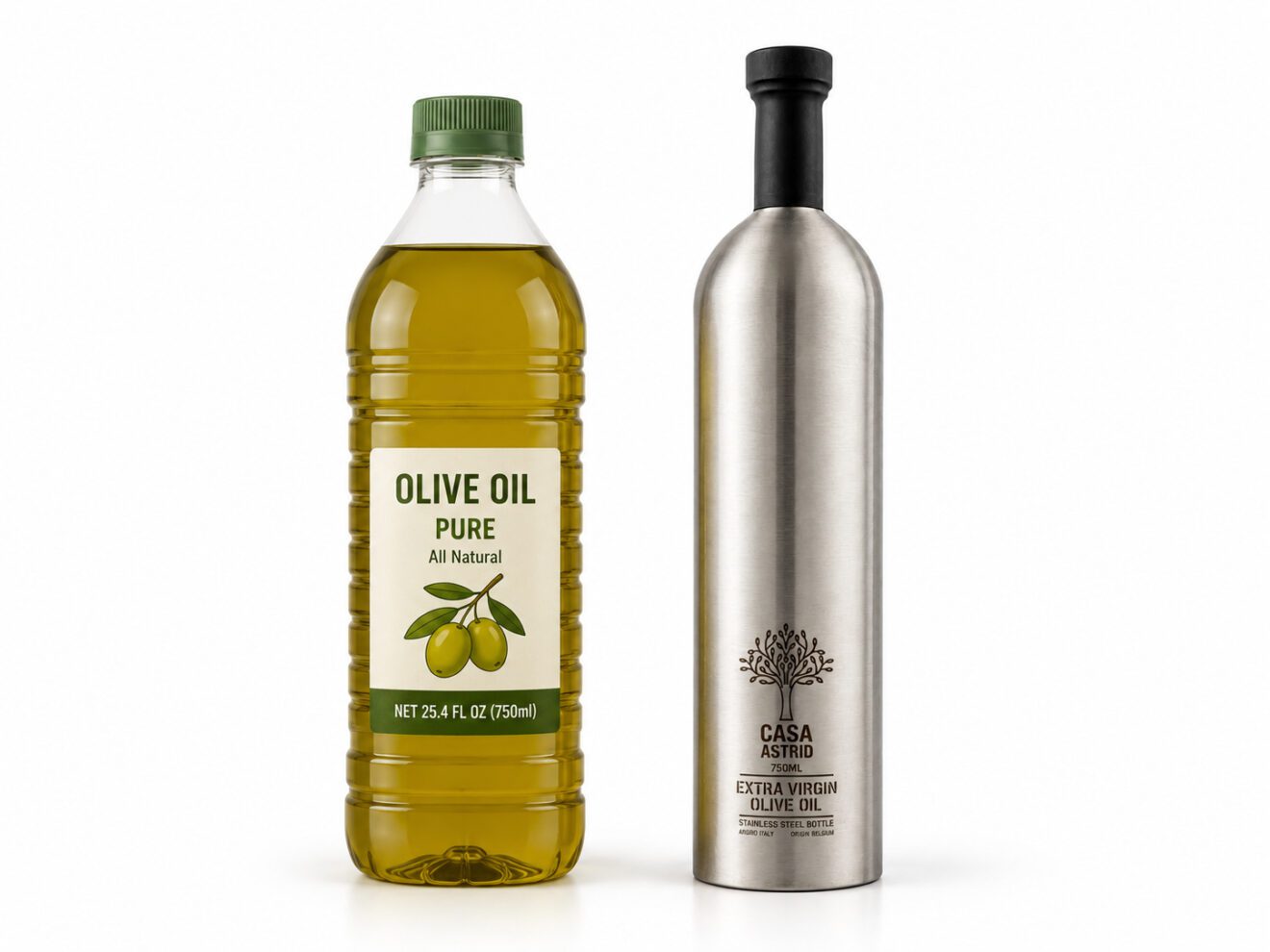 Casa Astrid olijfolie kwaliteit prijs — premium RVS fles versus supermarktolie